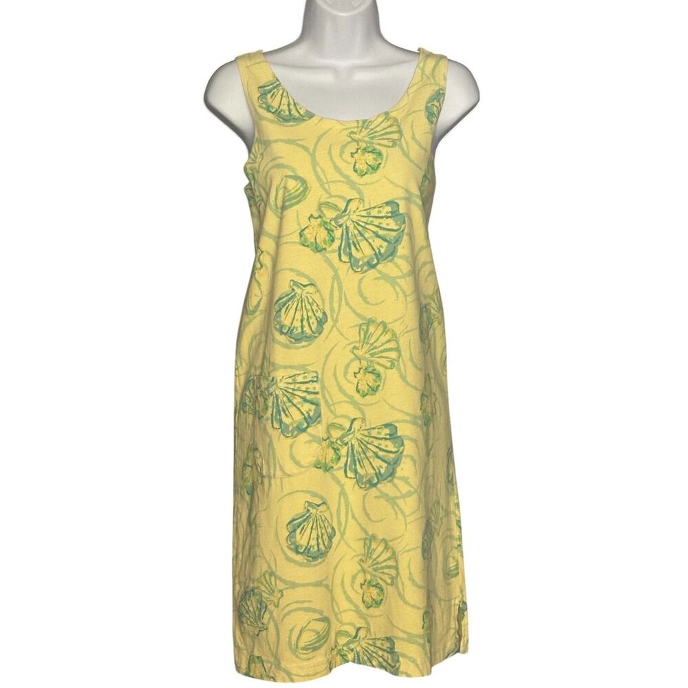 Fresh Produce Coastal Shells Sleeveless Dress Beach Shift XS Yellow Aqua Cotton